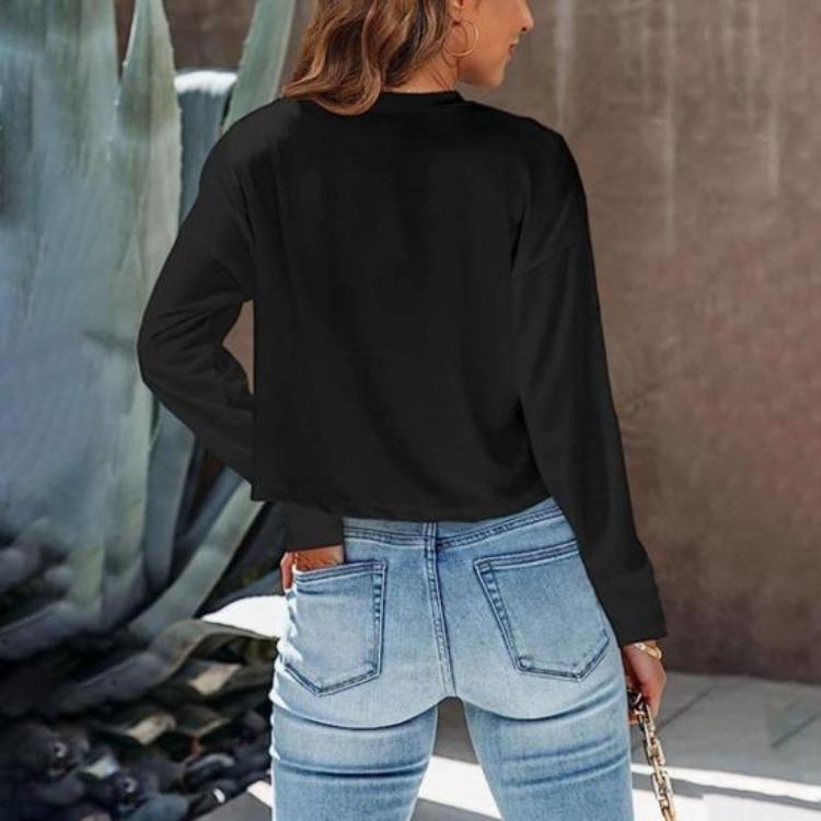 Casual Daily Wear Women Cropped Tops Loose Fit Solid Color Pullover Round Neck Long Sleeves Tops
