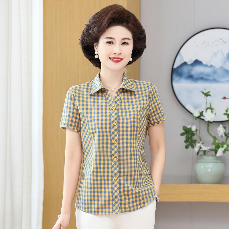 Summer Women's Short-sleeved Cotton Shirt Loose Large Plaid Thin Cotton Shirt Women's Clothing