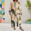 Women Plus Size Round Neck Long Sleeve Printed Layered Top Wide Leg Cropped Pants Two Piece Set