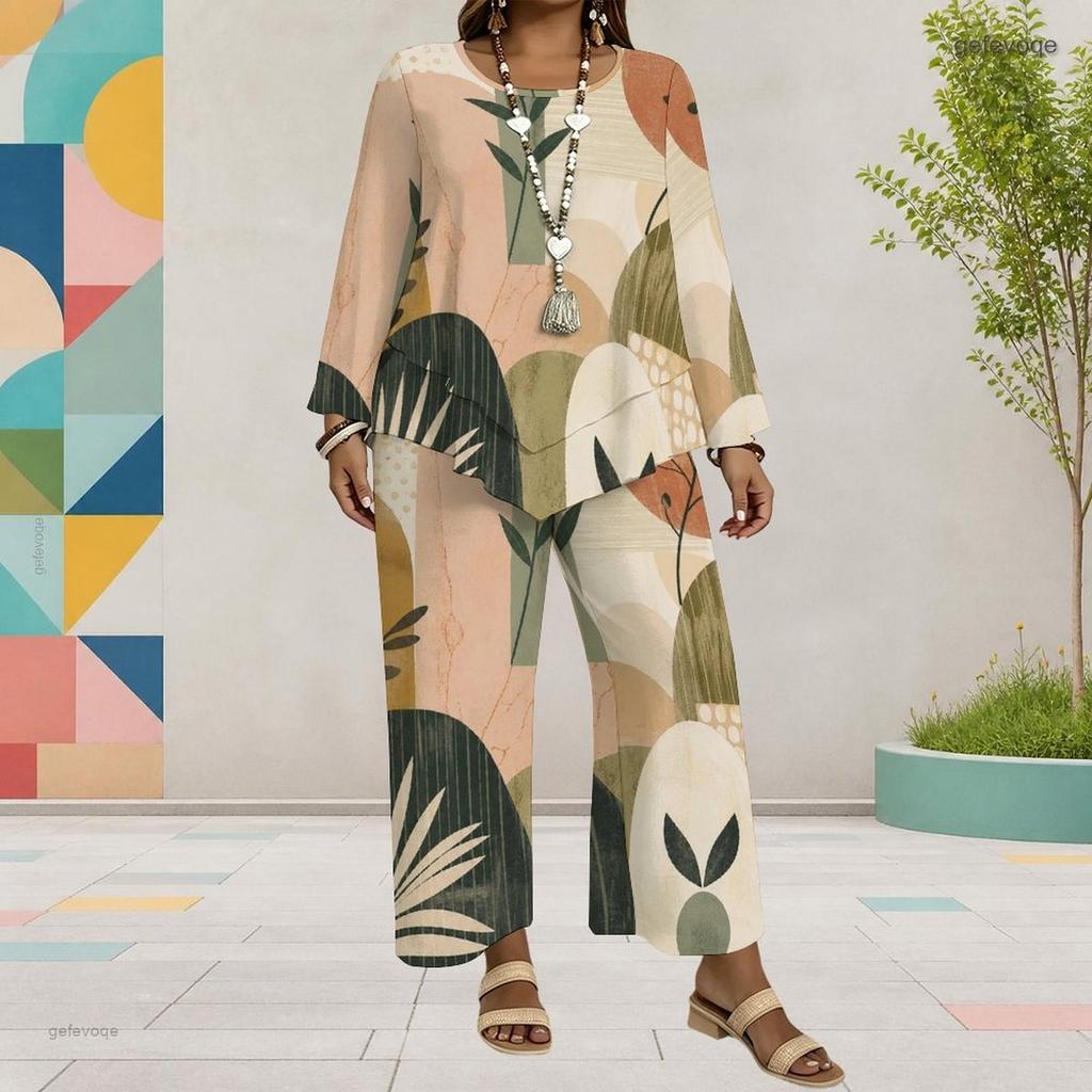 Women Plus Size Round Neck Long Sleeve Printed Layered Top Wide Leg Cropped Pants Two Piece Set