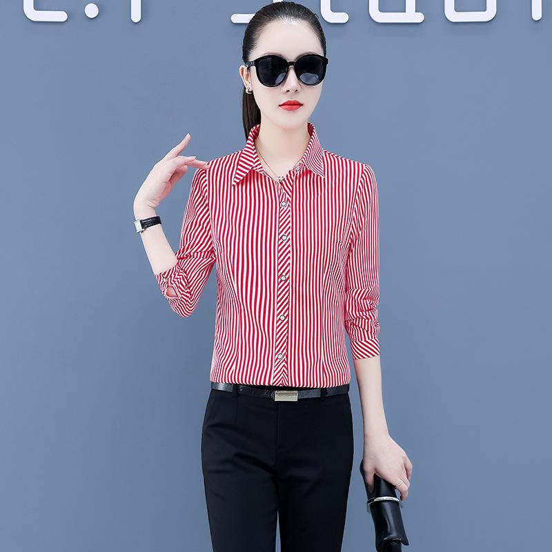 Camicette e camicie a maniche lunghe con scollo a V e stampa a righe, casual, primaverili ed autunnali da donna