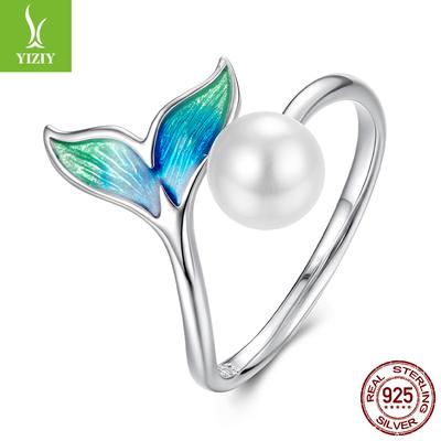 S925 Sterling Silver Bead Mermaid Open Ring, Elegant Dream Man Fishtail Ring Jewelry
