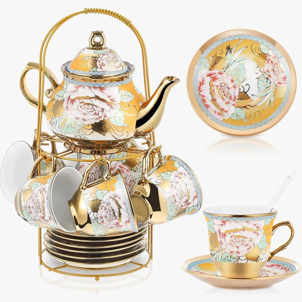 20 Pcs Porcelain Tea Set with Metal Holder and Spoon Adult Ceramic Tea Party Set European Flower Painting Teapot Cup Saucer