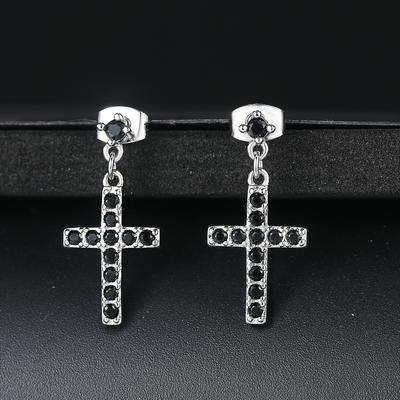 Kreuz Ohrringe Für Frauen Klassisch Einfach Iced Out Zirkonia Schwarzer Kristall Silber Farbe Hängend Ohr Mode Schmuck E328