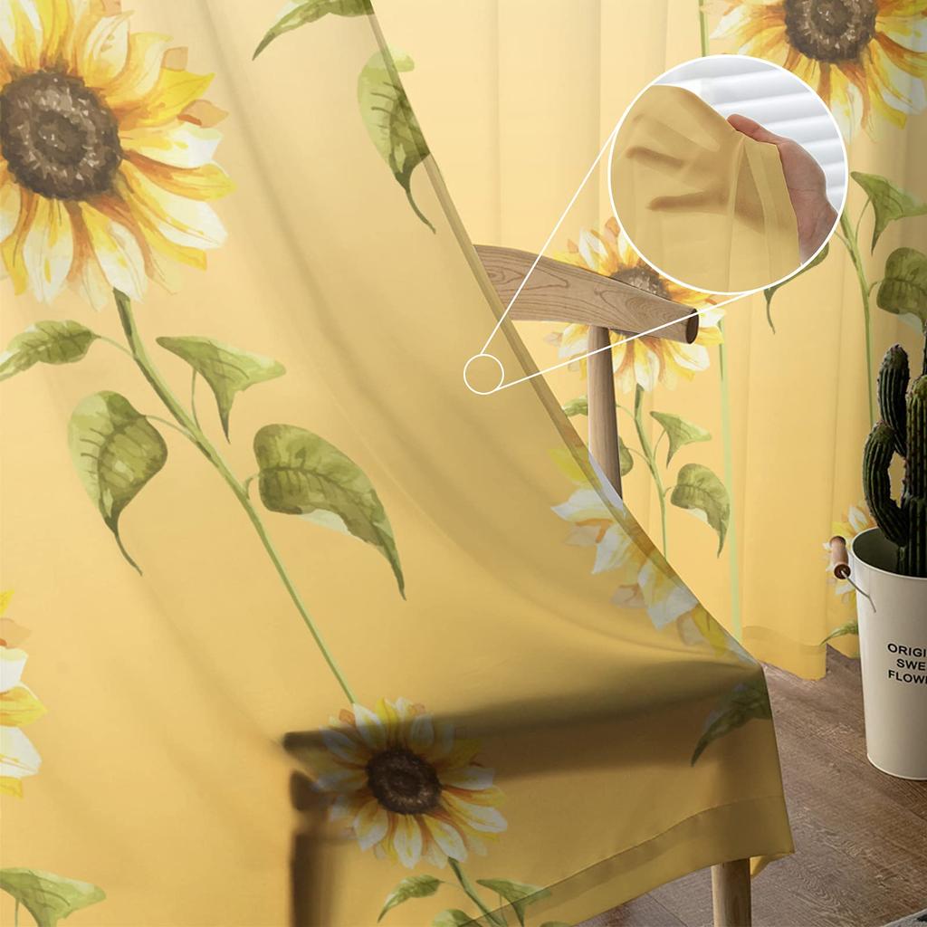 Sunflower Curtains Panels Set Yellow Kitchen Curtain Drapes Privacy Voile Living Room Bedroom Summer Sheer Polyester With Rod Pocket Sitting Decor