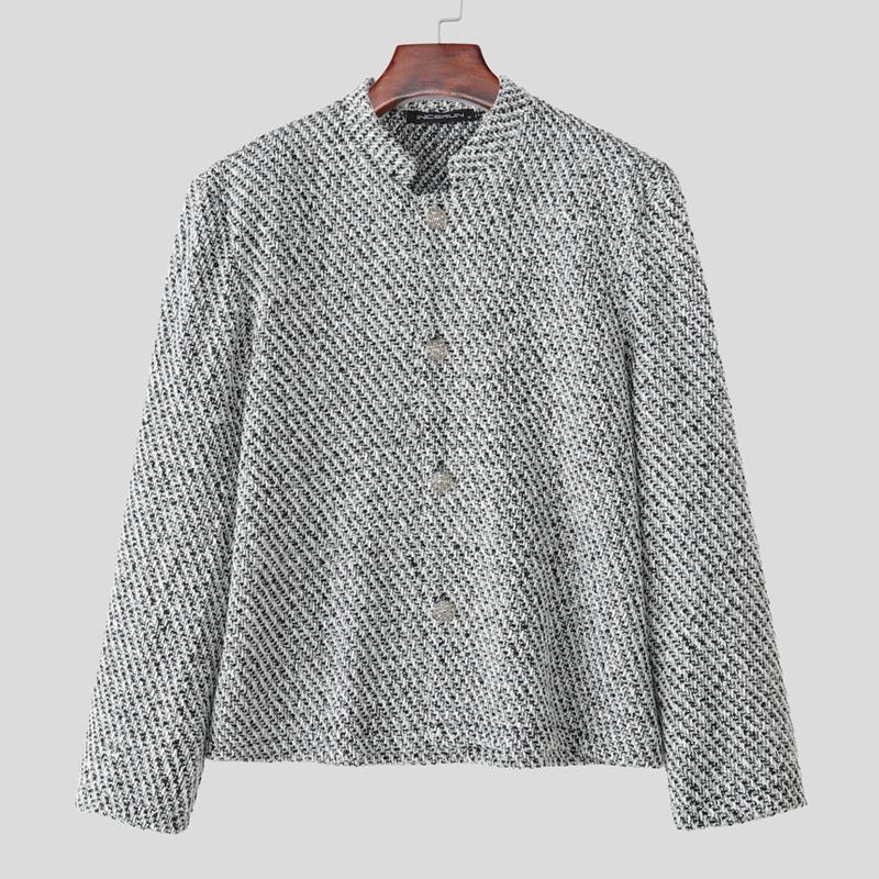INCERUN Winter Autumn Vintage Men Stand Neck Long Sleeve Casual Buttons Texture Jackets Coats
