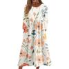 Women's Casual Round Neck Floral Print Midi Dress Long Sleeve Pocket Dress