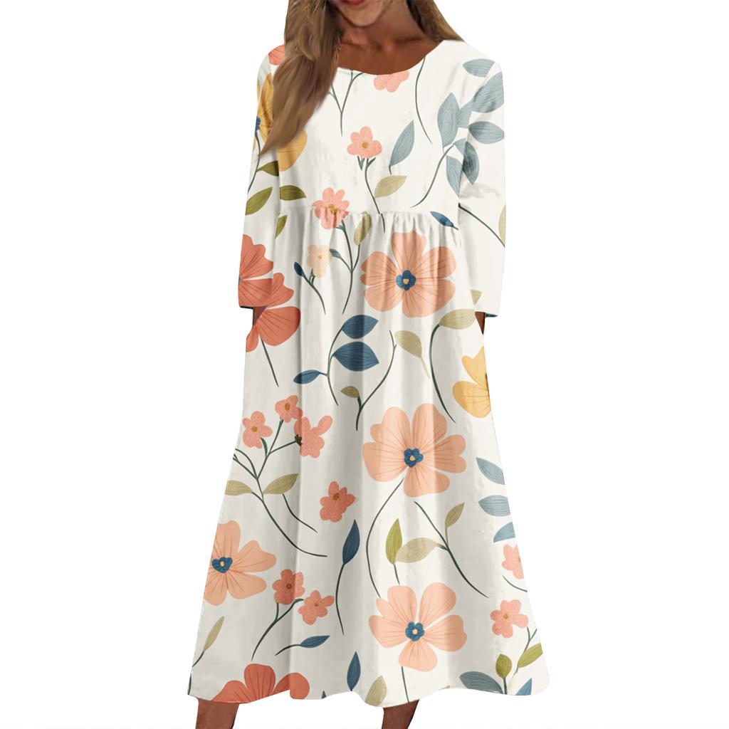 Women's Casual Round Neck Floral Print Midi Dress Long Sleeve Pocket Dress