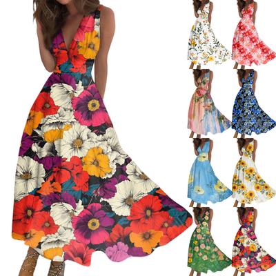 Women's Summer Fashion Retro Print V-Neck Sleeveless Long Dress