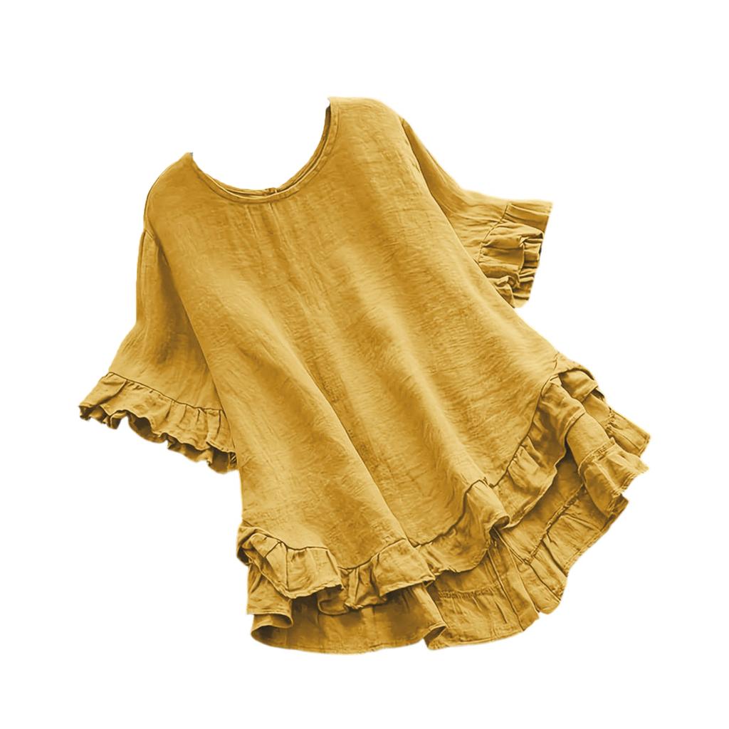 Women's Casual Loose Color Ruffled Hem Round Neck Short Sleeve Button Top