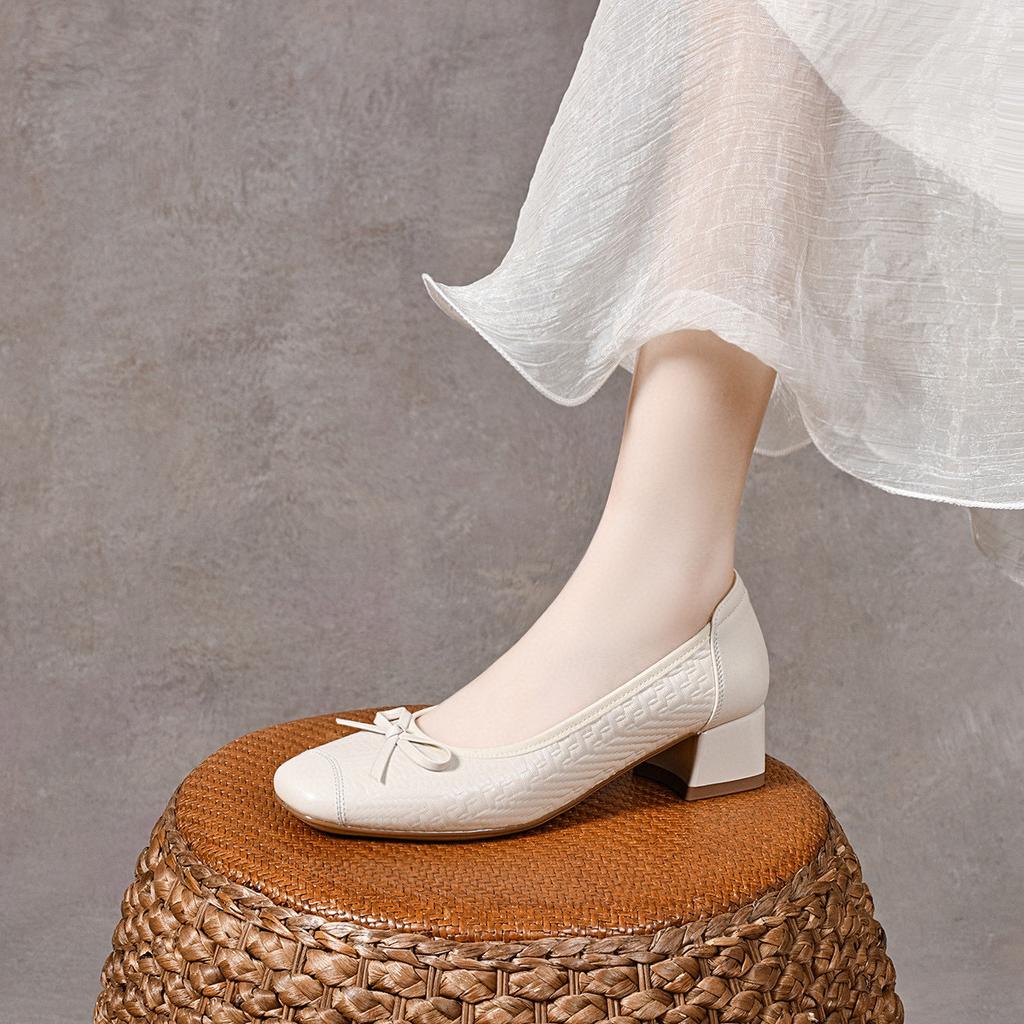 Eckiger Kopf High Heels Damen Frühling und Sommer Schleife leichter Mund dicker Absatz mittlerer Absatz ein Pedal einzelne Schuhe Mary Jane Schuhe