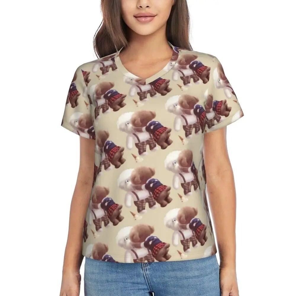 Cute Poodle Print T-Shirts Life Is Better V Neck Fashion Oversized T-Shirt Short Sleeve Woman Aesthetic Tshirt Design Top Tees