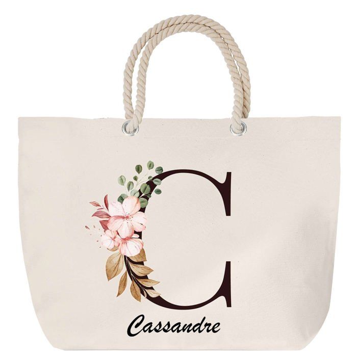 Sac de plage - PLANETEE - Cassandre - Anse corde - Grand format - Motif Lettre Fleur