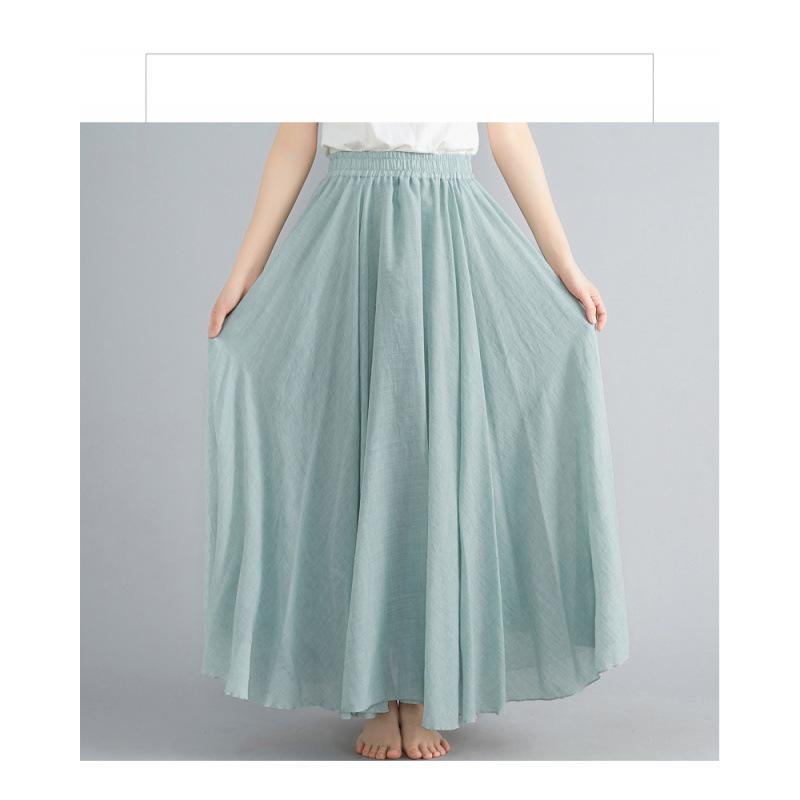 Mori Girl Plus Size Cotton Linen Midi Skirt - Elastic Waist, A-line, Solid Color, Ethnic Style, Long Length