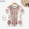ZANZEA Blusa Casual da Donna con Stampa Floreale, Girocollo, Maniche Corte