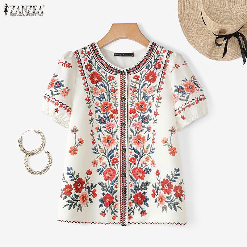 ZANZEA Blusa Casual da Donna con Stampa Floreale, Girocollo, Maniche Corte