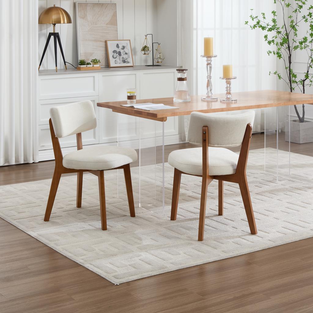 Modern Mid-Century Style Dining Chair Set of 2, Solid Wood Legs Fabric Upholstered Seat for Kitchen, Dining Room or Office (Beige Linen)