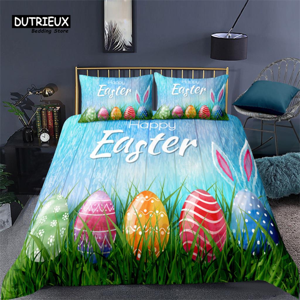 Soft Easter Eggs Bedding Set 3D Print Rabbit Cartoon Eggs Duvet Cover Polyester Pillowcase Greetings and Presents For Easter Day