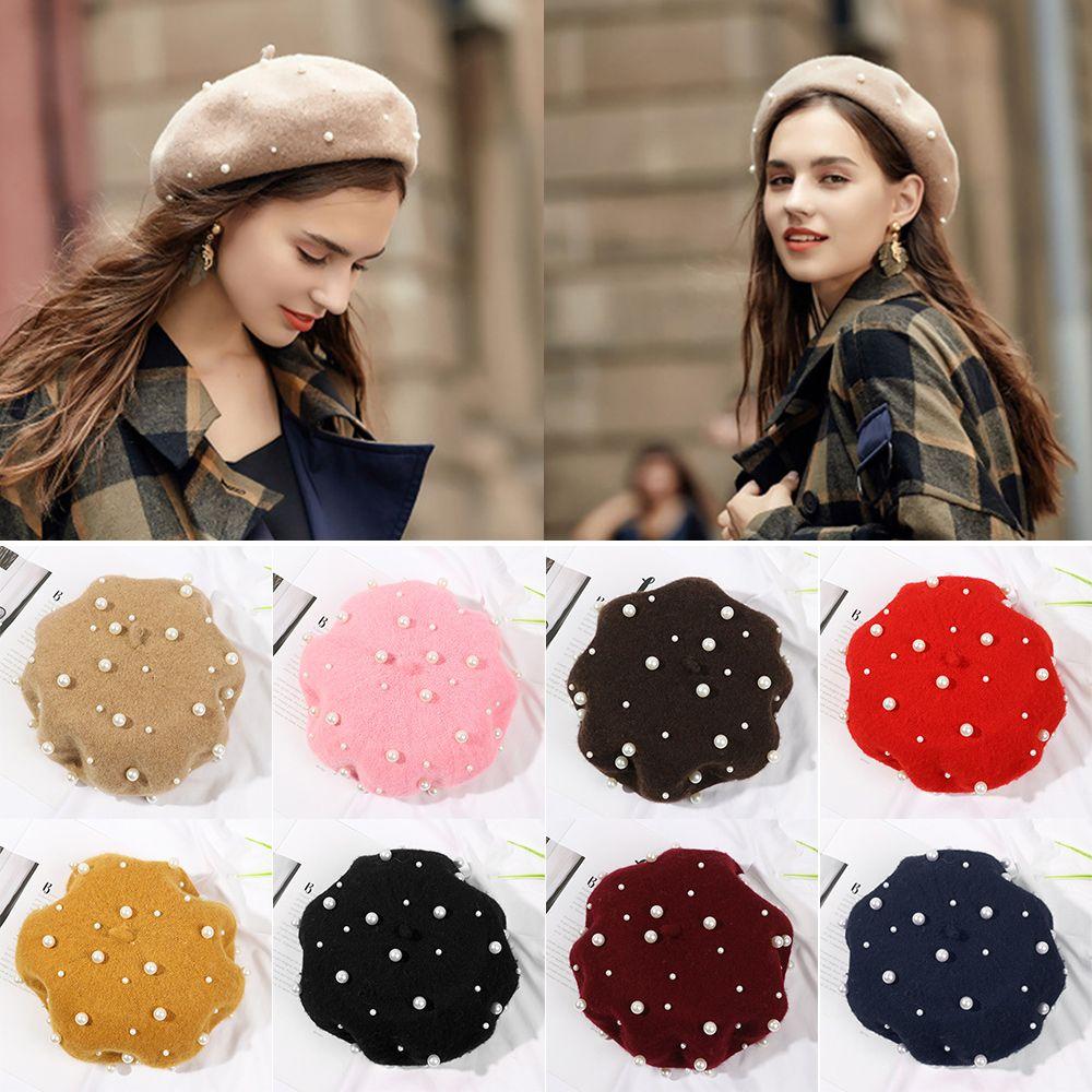 Autumn Winter Elegant Casual Warm Pearl Wool Beret Hat French Cap Painter Hats