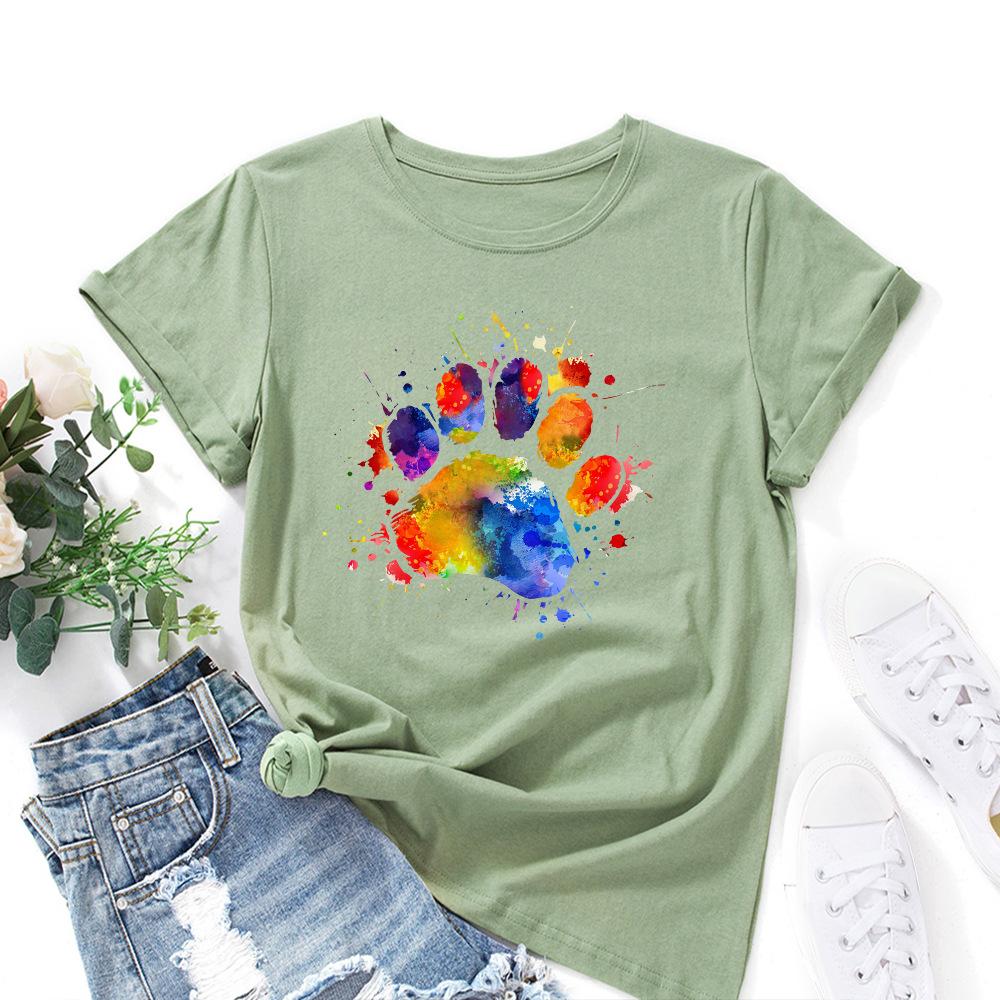 Dog Paw Pattern Cotton T-Shirt Short Sleeve Round Neck Women 2d Print Tops