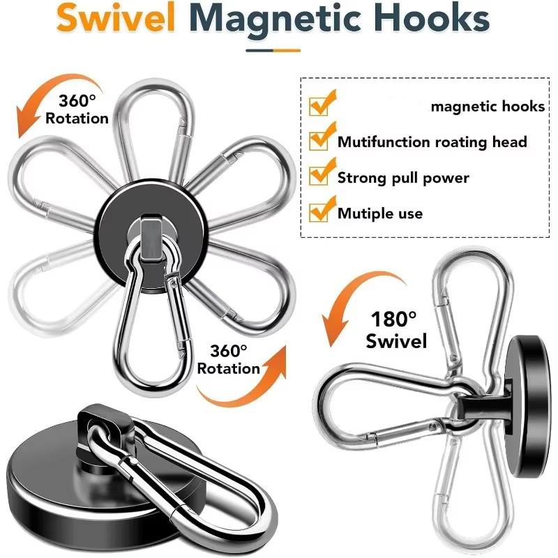 1-6PCS Strong  Magnetic Hooks 360°Rotating Carabiner Magnet Ring Keychain Hook Home Kitchen Bathroom Hanging Hangers