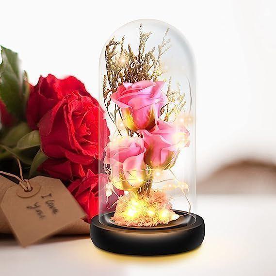 Rosblomma Gåvor ,Färgglad Regnbåge Konstgjord Blomma Ros Lyser Upp Ros i Akrylkupa,Kvinnor