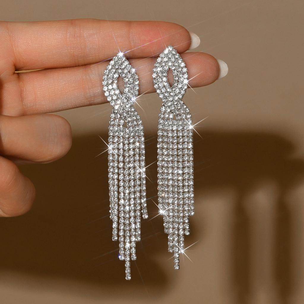 Cross Long Fringed Rhinestone Earrings Bridal Wedding Stage Atmosphere Exaggerated Earrings