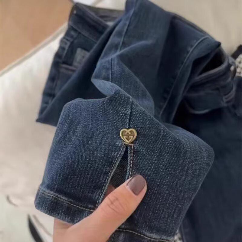 

Осенние джинсы стрейч больших размеров с высокой посадкой для женщин - Слимминг для фигуры груша , прямые брюки длиной девять очков XL синий