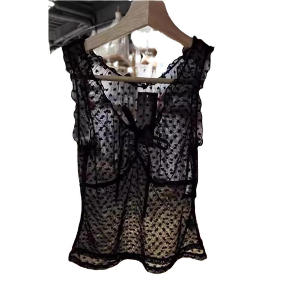 BM Style Ruffle V-Neck Bow Mesh See-Through Slimming Vest Top for Women