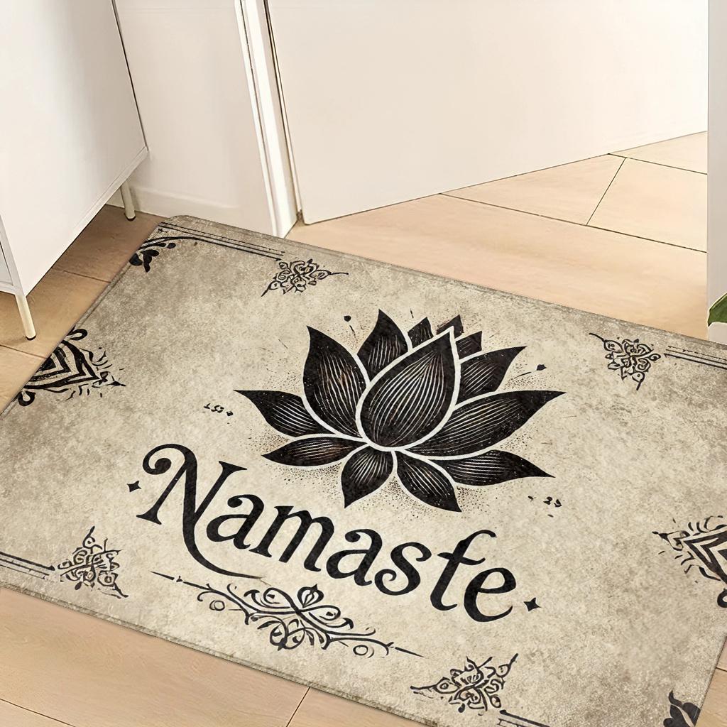 1pc, 2D Flat Namaste Lotus Flower Vintage Beige Flannel Door Mat Non Slip Yoga Spiritual Rug For Entryway Floor
