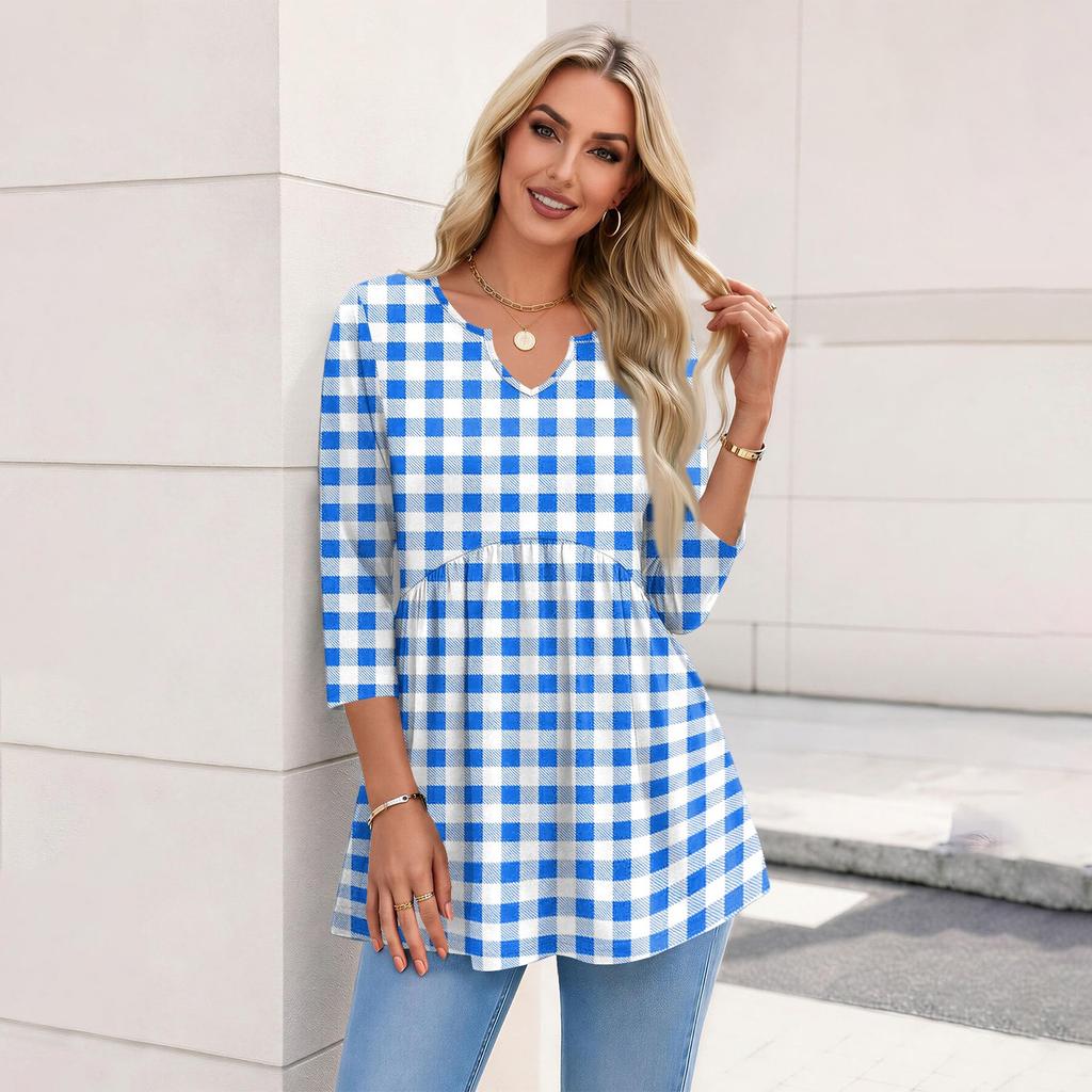 Women's Casual Floral Print V-Neck Three-Quarter Sleeve Blouse for Spring and Summer