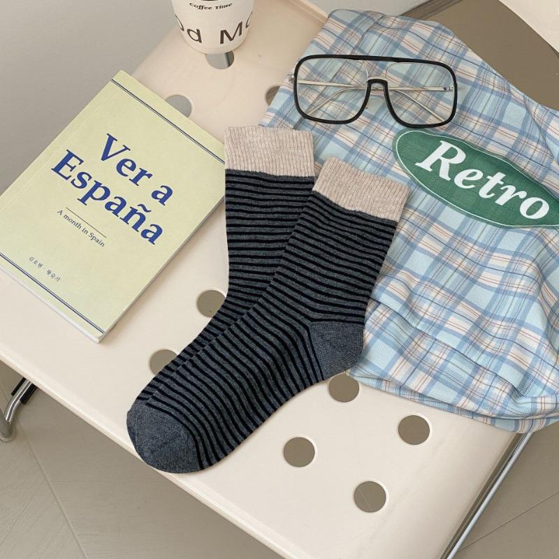 Women's Color-blocking Striped Mid-calf Socks, College-style Long Calf Socks, Trendy Women's Socks