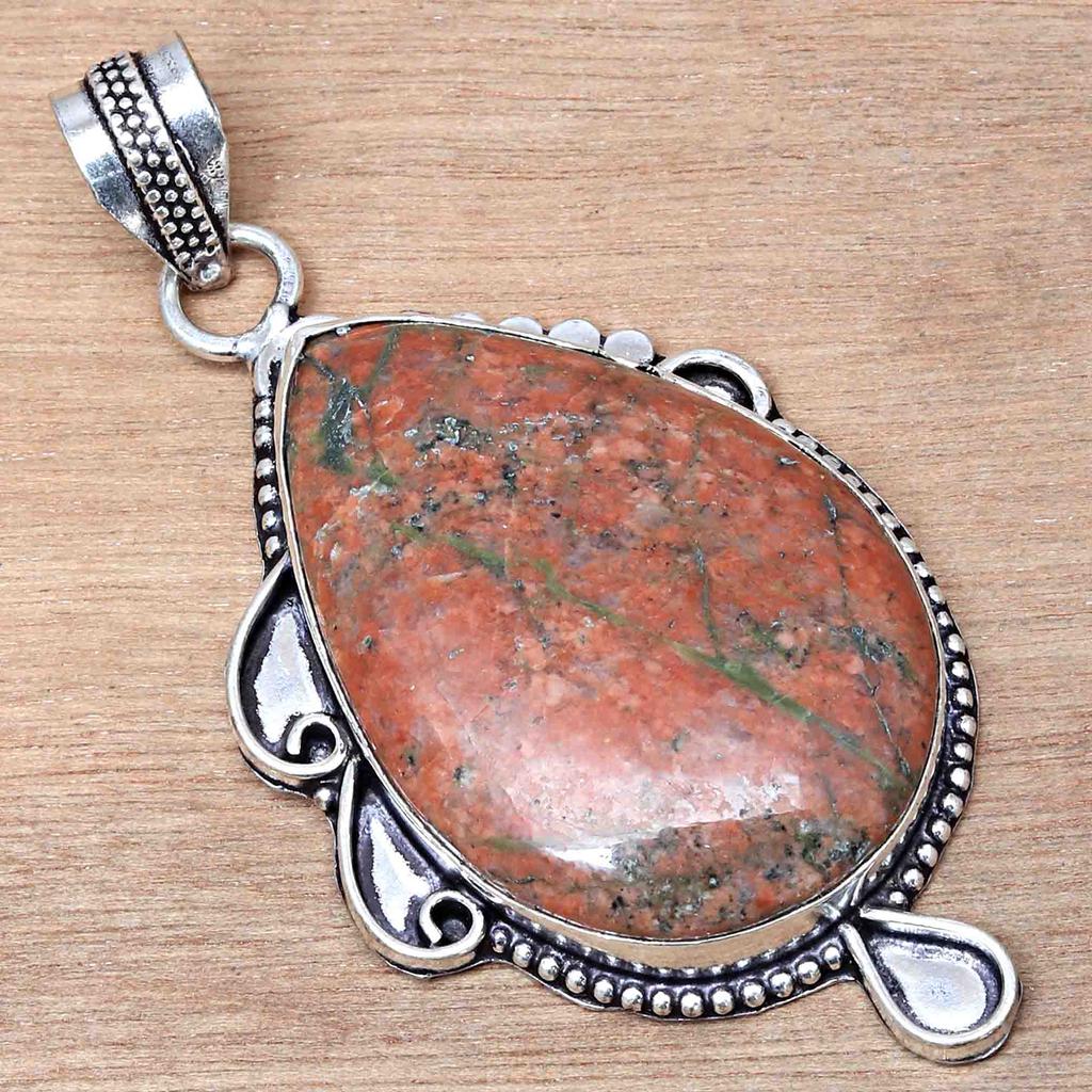 Pendant Unakite Jasper Gemstone Handicraft Valentine'Day Silver Jewelry 2.25"
