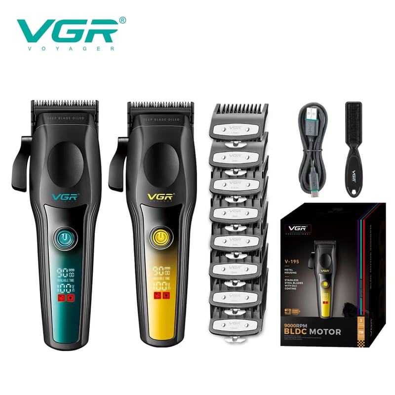 Nuevo Cortapelos Profesional VGR para el Hogar Motor sin Escobillas Cuerpo Metálico Aleación de Titanio Hoja Afilada Recortador de Cabello Pantalla LCD Inteligente Máquina de Afeitar Digital V-195