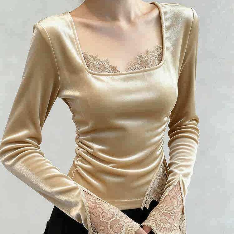 Elegant Women s Champagne Velvet Shirt - Stylish, Age-Reducing, Cinched Waist, Perfect for Autumn/Winter. Large