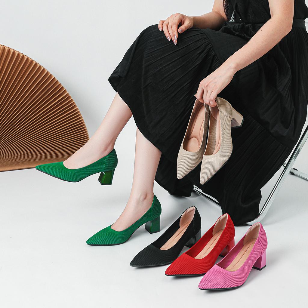 2026Women's large high-heeled shoes Multicolor pointy knit breathable comfortable anti-skid rubber sole work shoes  new autumn