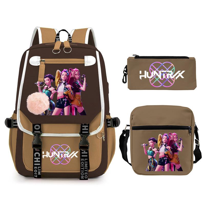 Kpop Trend Backpack Large Capacity Student School Bag Three-Piece Pencil Case Casual Shoulder Bag