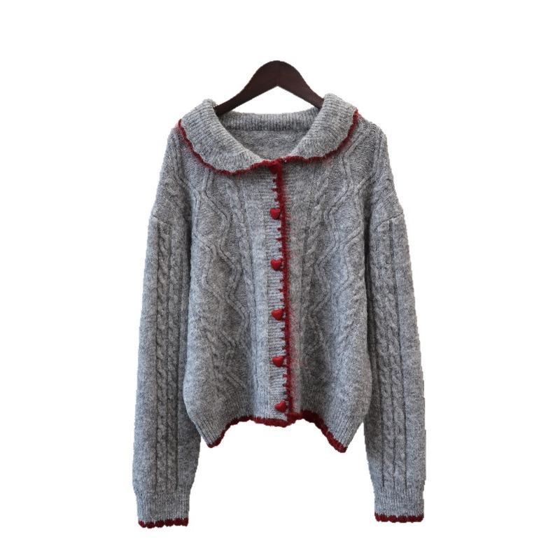 Lazy Wind Doll Collar Sweater Jacket Autumn and Winter New Loose Design Love Buckle Knitted Cardigan Women