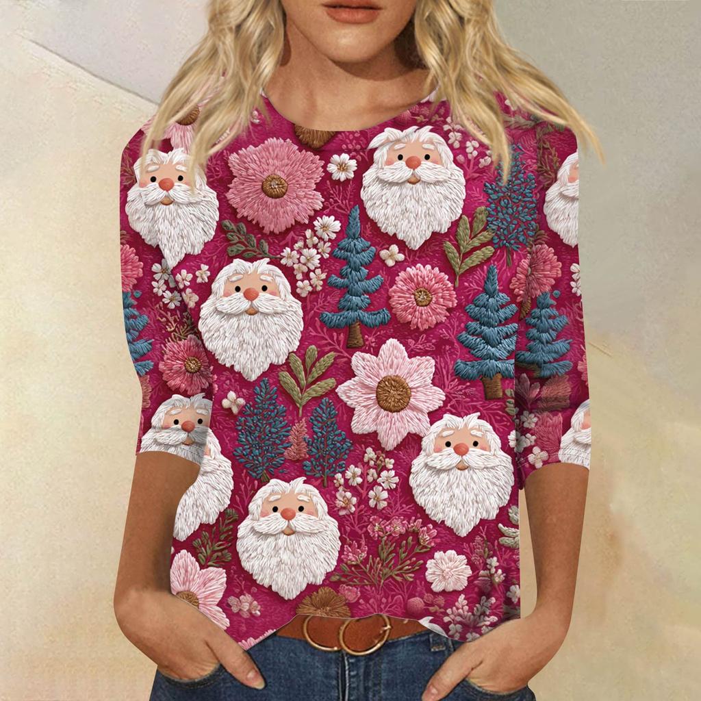 Moda damska Casual Okrągły dekolt Rękaw 3/4 Luźny T-Shirt z nadrukiem Damski top