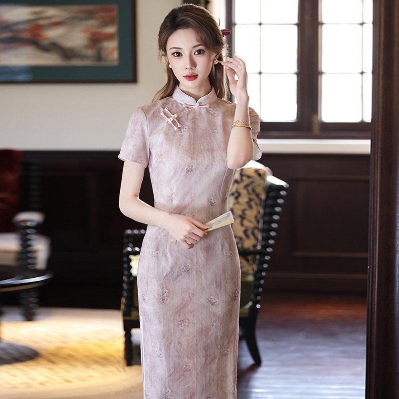 Pink national style new Chinese style Suzhou daily long cheongsam improved young 1011 new women's high sense summer
