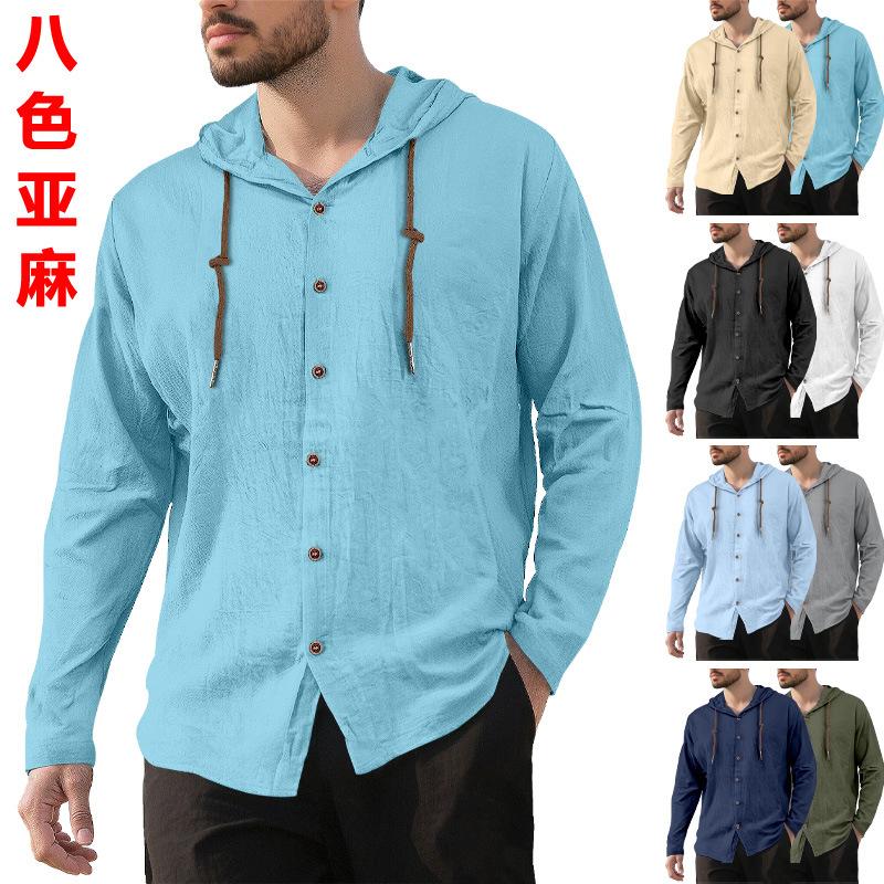 Men's Simple Cotton and Linen Casual Loose Breathable Long-sleeved Solid Color Hooded Shirt