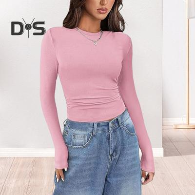 Pullover Tops Women Ribbed Long Sleeve Bottoming Top Regular Fit Lightweight Crew Neck Shirt Daily Wear