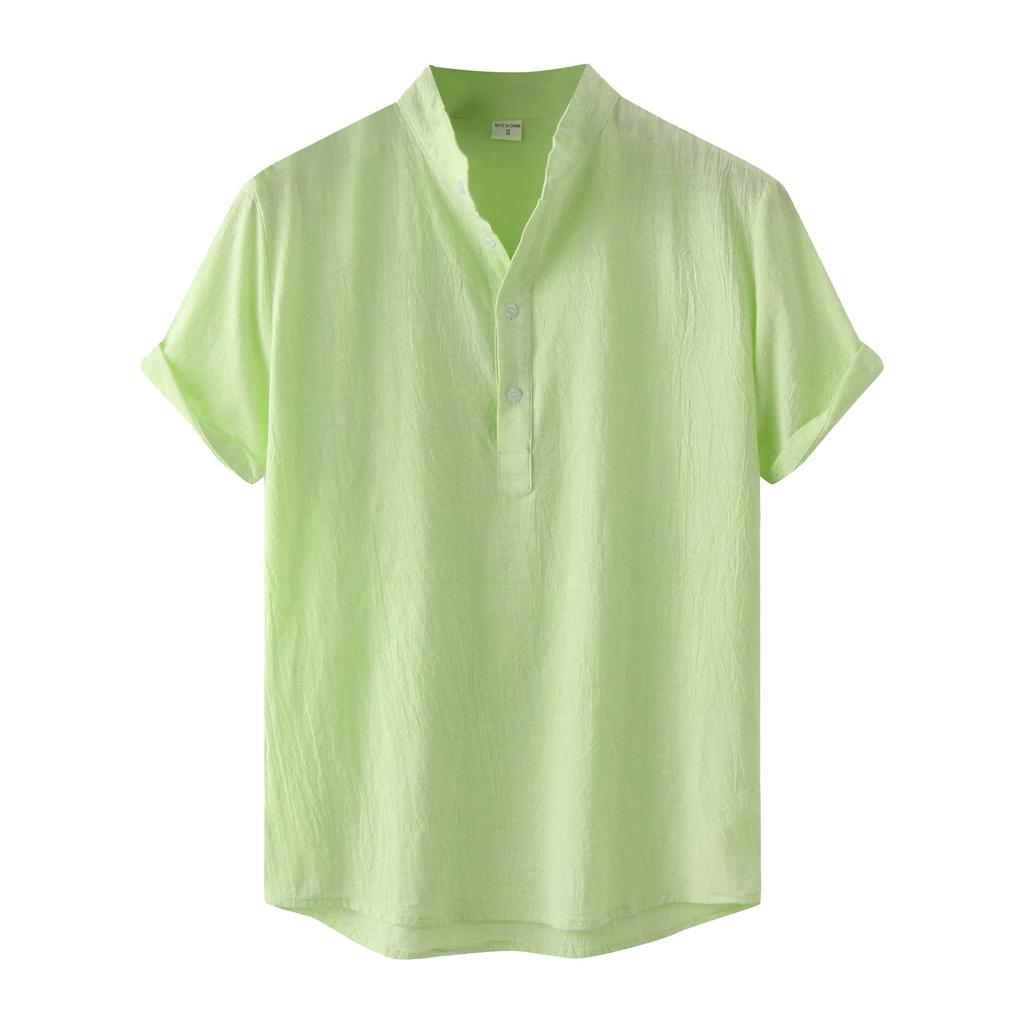 Men's Summer Casual Fashion Solid Color Cotton Linen Top Stand Collar Short Sleeve Shirt