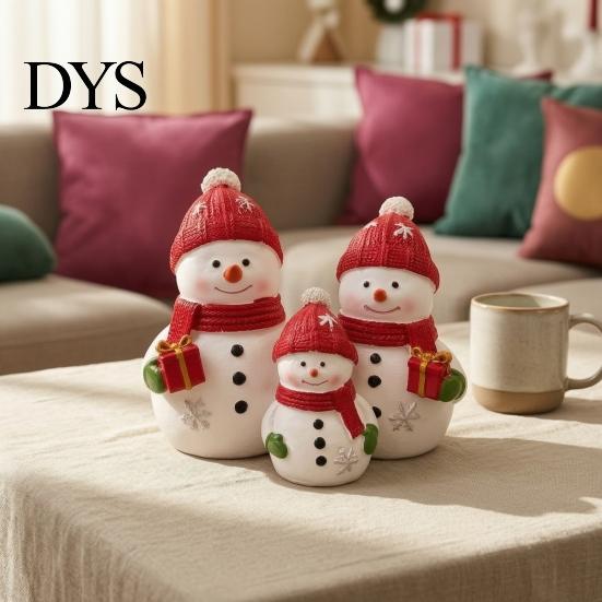 Snowman Family Statue Christmas Resin Figurine, Cute of 3 with Santa Holiday Atmosphere Decor Hat, Red Scarf, Tabletop Ornament for Indoor Mantel,