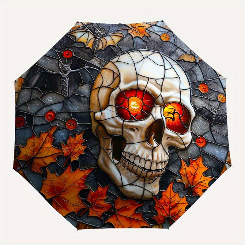 Halloween Skull Stained Window PanelUmbrella, Portable 3-Fold Compact Umbrella for Men & Women Gift