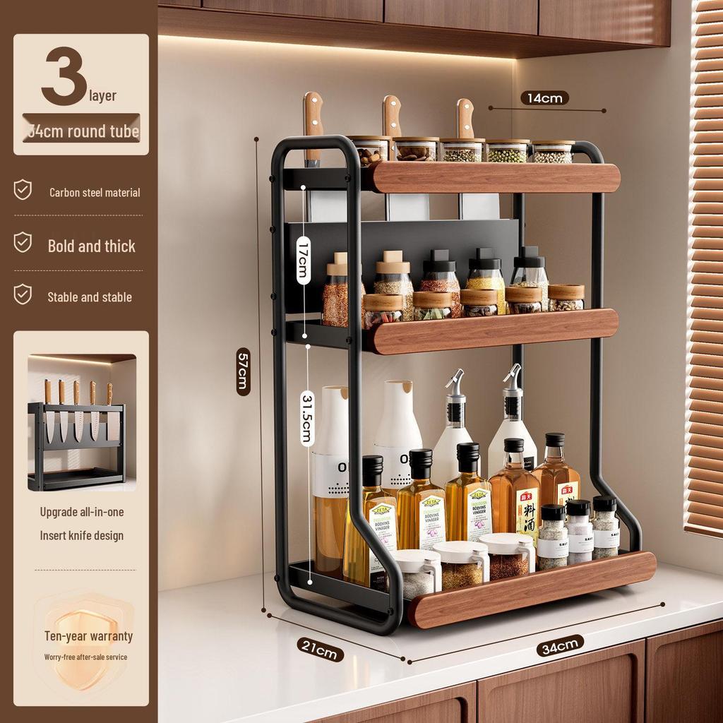 Retro Solid Wood Multi-Functional Kitchen Rack: Seasoning Storage, Jar and Bottle Holder, Knife Organizer.