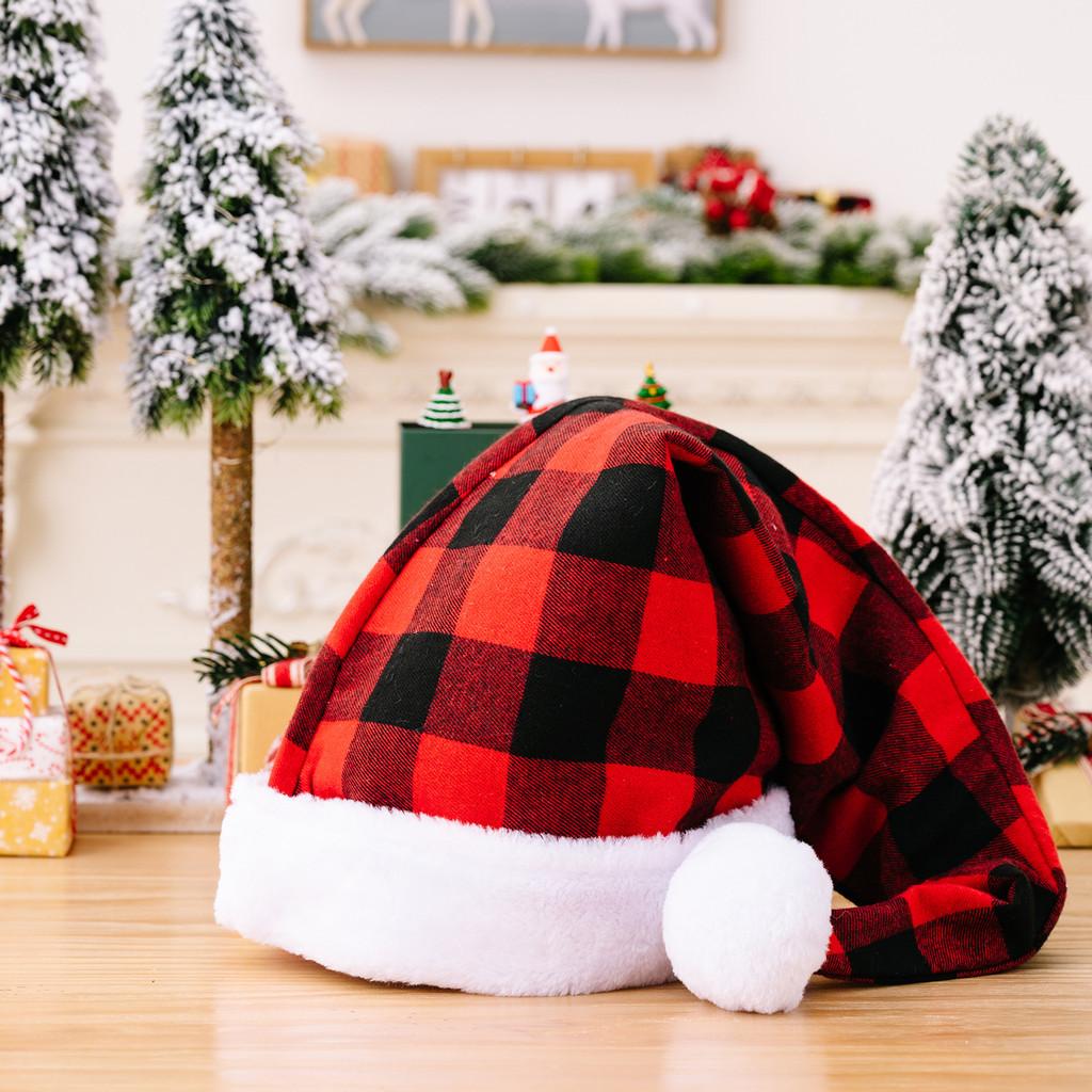 Warm Red Black Check Christmas Hat With Soft Fur Trim For A Modern Celebration Festive