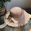 Lace Side Foldable Straw Hat Female Summer Hand-woven Hollow Bow Sun Hat Sunscreen Sunshade Beach Hat
