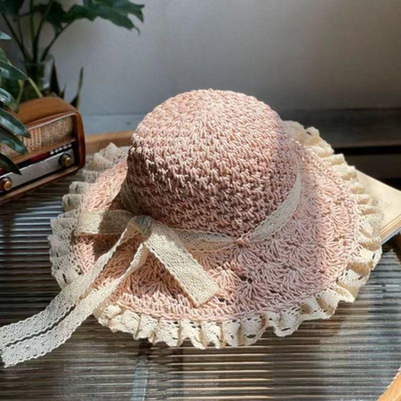 Lace Side Foldable Straw Hat Female Summer Hand-woven Hollow Bow Sun Hat Sunscreen Sunshade Beach Hat