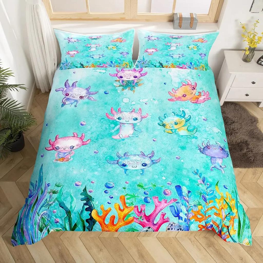 Comforter Cartoon Pink Axolotl Floral King Queen Kawaii Salamander Bedding Set 3D Animal Polyester Comforter
